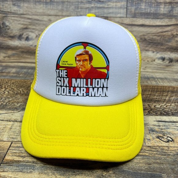 The Six Million Dollar Man Mens Trucker Hat Yellow Snapback Steve Austin Cap - Picture 2 of 8